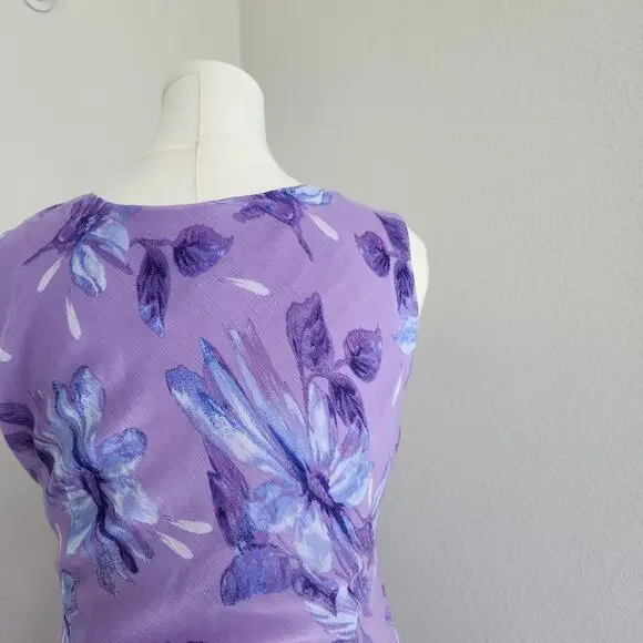 Vintage 90s Studio I Lilac Purple Floral Sheer Overlay Sleeveless Midi Dress L - Picture 6 of 8